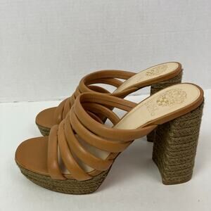 Vince Camuto Sz 9M Patrest Strappy Leather Heeled Raffia Platform Sandals Cognac